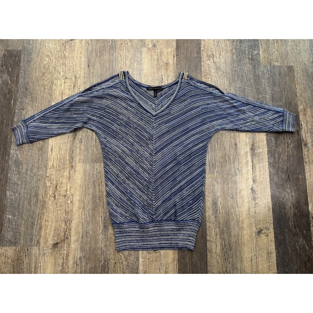 White House Black Market Blue Metallic Stripe Cold Shoulder V-Neck Sweater Small
